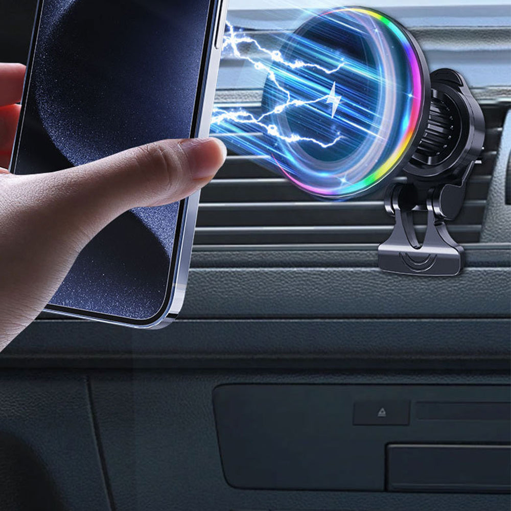 15W USB Powered Wireless Car Charger with RGB Light Car Phone Holder Mount for Air Vent