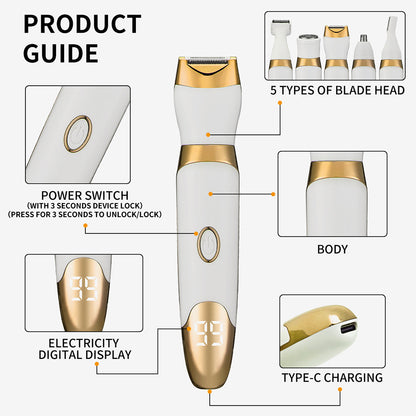 5 in 1 Rechargeable Electric Shaver with LED Display Hair Trimmer for Women Gold