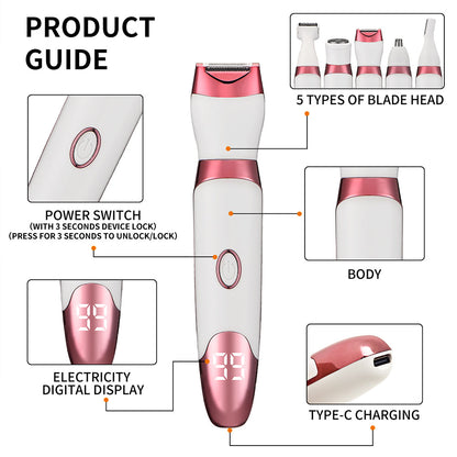5 in 1 Rechargeable Electric Shaver with LED Display Hair Trimmer for Women Pink