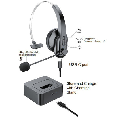 Bluetooth Wireless Headset with Mic and Charging Dock for PC and Call Center Use