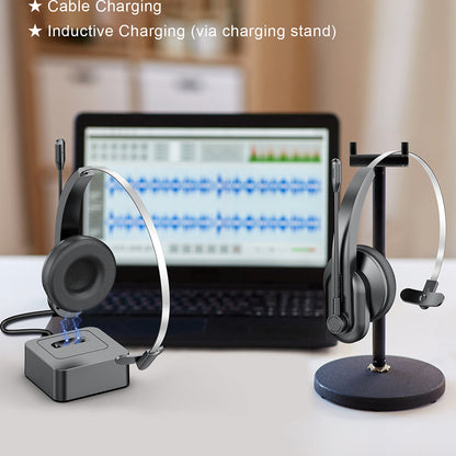 Bluetooth Wireless Headset with Mic and Charging Dock for PC and Call Center Use