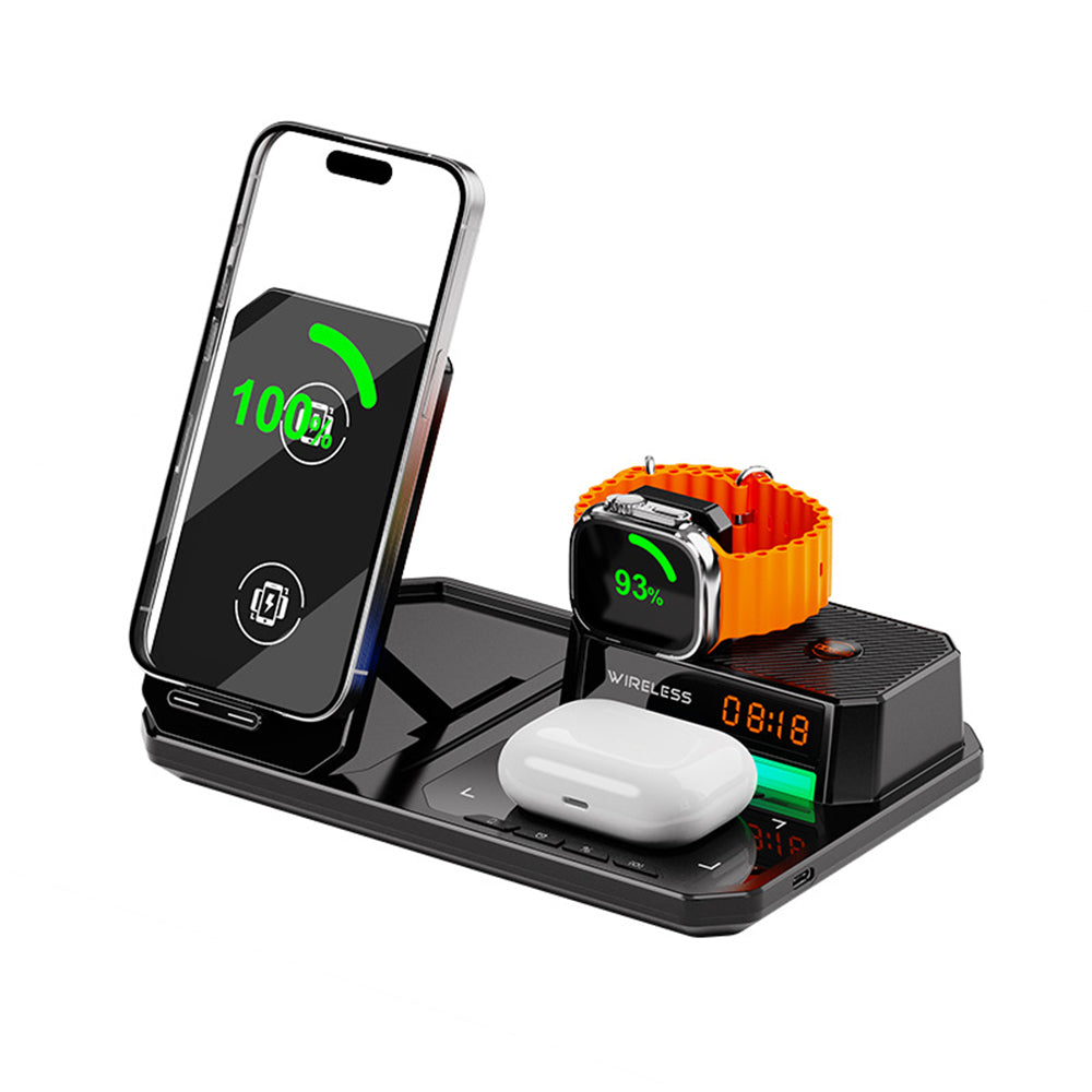 6 in 1 Wireless Charging Station with Bluetooth Speaker Clock and RGB Light