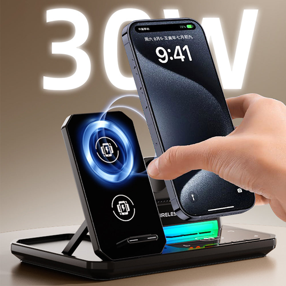 6 in 1 Wireless Charging Station with Bluetooth Speaker Clock and RGB Light