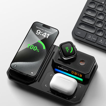 6 in 1 Wireless Charging Station with Bluetooth Speaker Clock and RGB Light