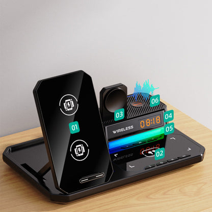 6 in 1 Wireless Charging Station with Bluetooth Speaker Clock and RGB Light
