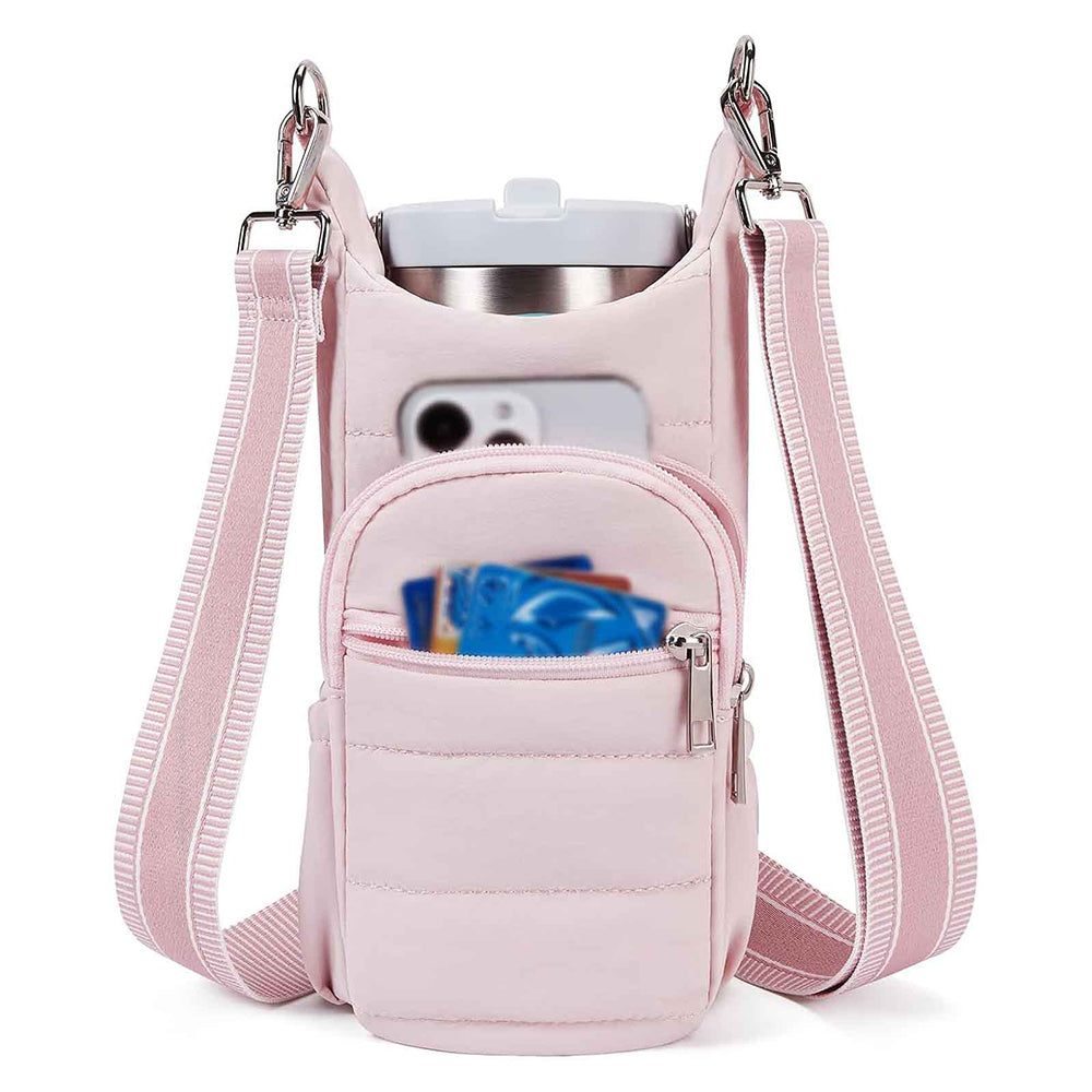 Crossbody Water Bottle Bag for Hiking Travel and Outdoor Walking Pink