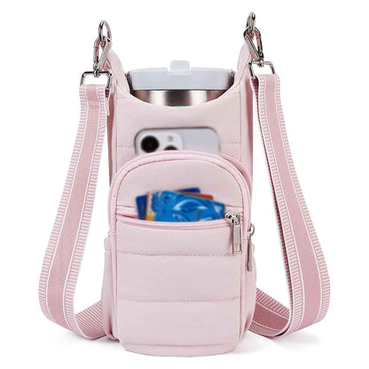 Crossbody Water Bottle Bag for Hiking Travel and Outdoor Walking Pink