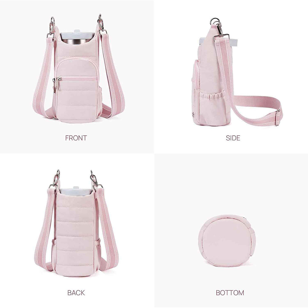 Crossbody Water Bottle Bag for Hiking Travel and Outdoor Walking Pink