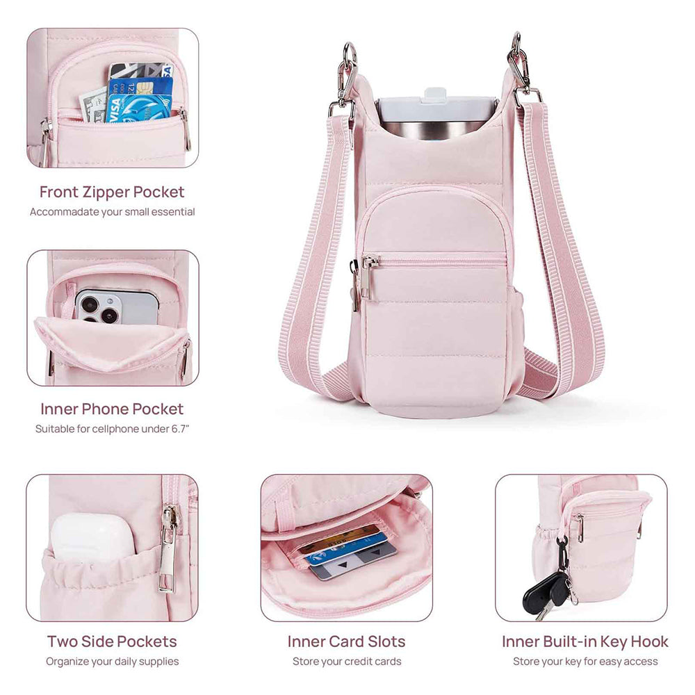 Crossbody Water Bottle Bag for Hiking Travel and Outdoor Walking Pink