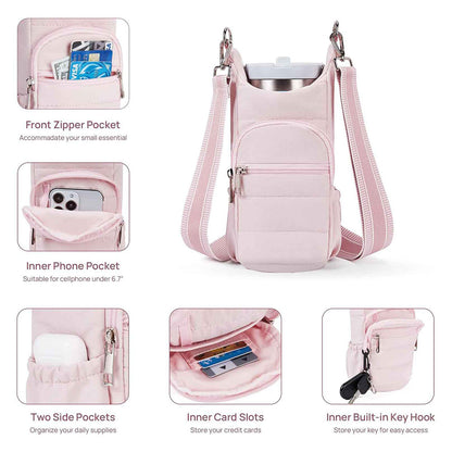 Crossbody Water Bottle Bag for Hiking Travel and Outdoor Walking Pink