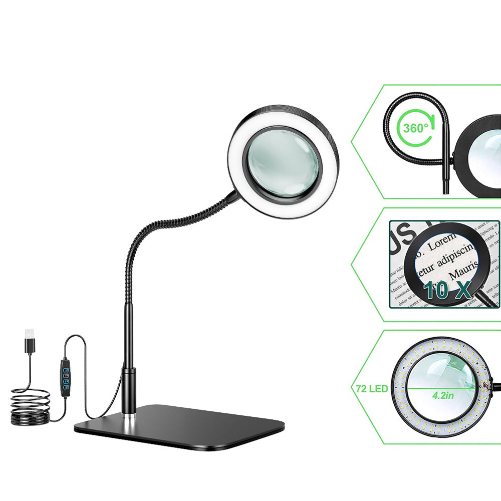 10X Desk Magnifier with LED Light Dimmable Eye-Care  Black Base