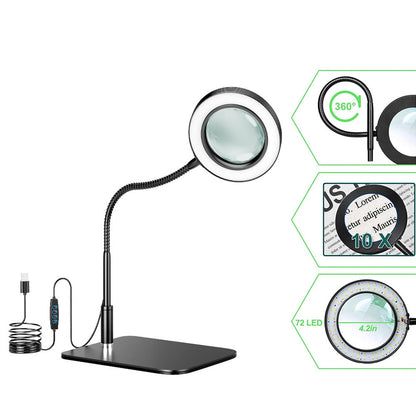 10X Desk Magnifier with LED Light Dimmable Eye-Care  Black Base