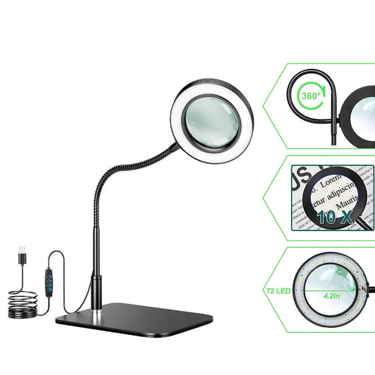 10X Desk Magnifier with LED Light Dimmable Eye-Care  Black Base