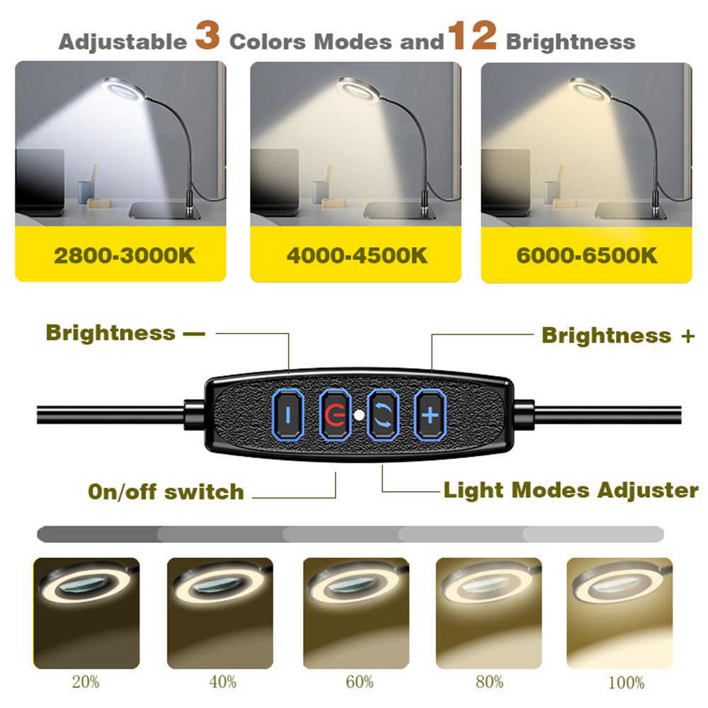 10X Desk Magnifier with LED Light Dimmable Eye-Care  Black Base