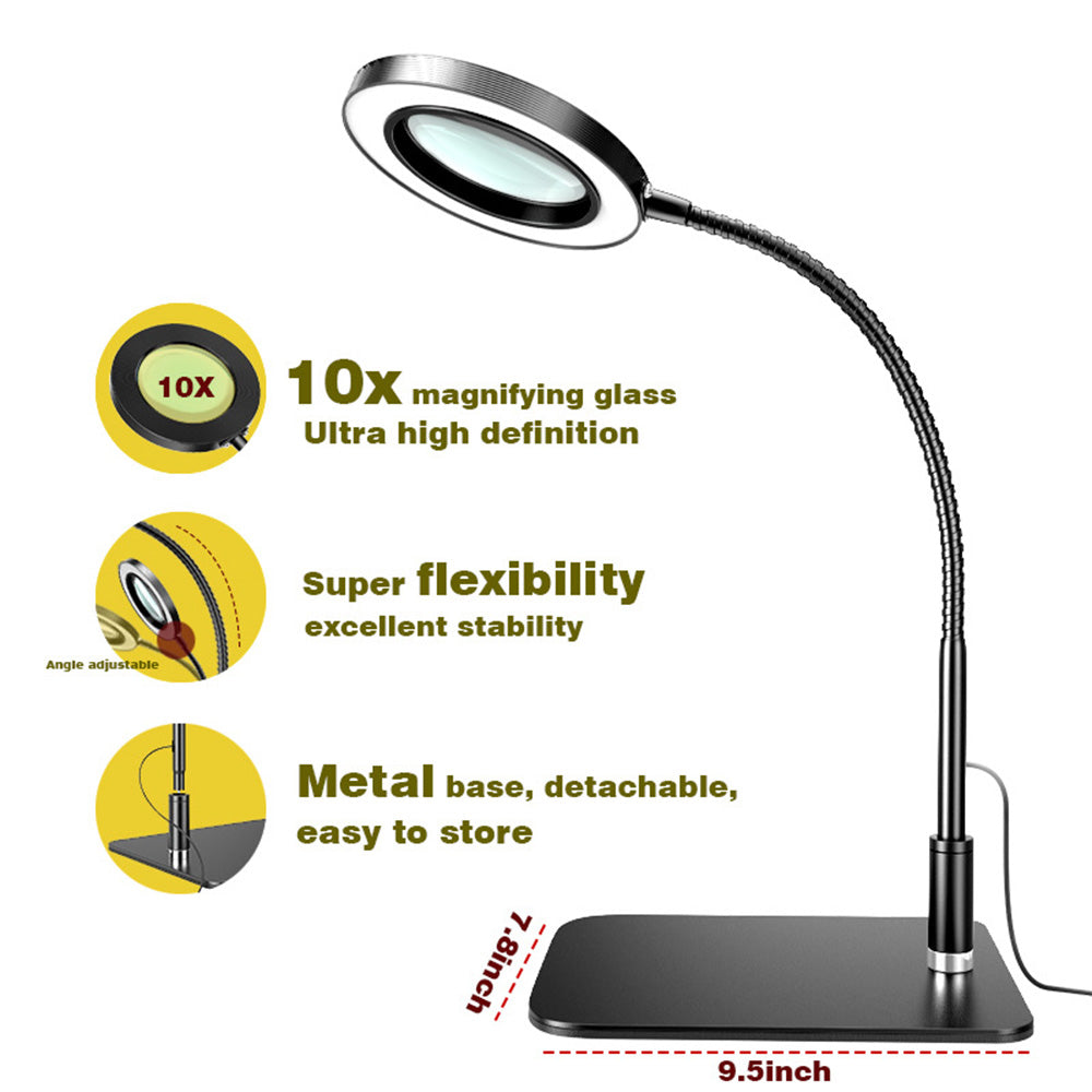 10X Desk Magnifier with LED Light Dimmable Eye-Care  Black Base