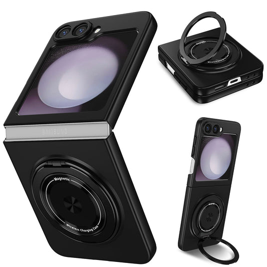 Shockproof Folding Case for Samsung Galaxy Z Flip7 with 360-Degree Ring Stand Black
