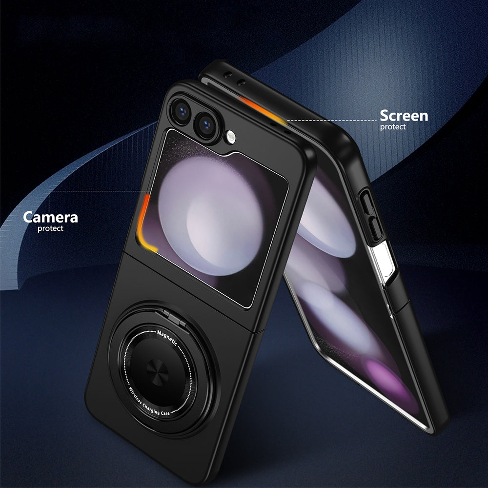 Shockproof Folding Case for Samsung Galaxy Z Flip7 with 360-Degree Ring Stand Black