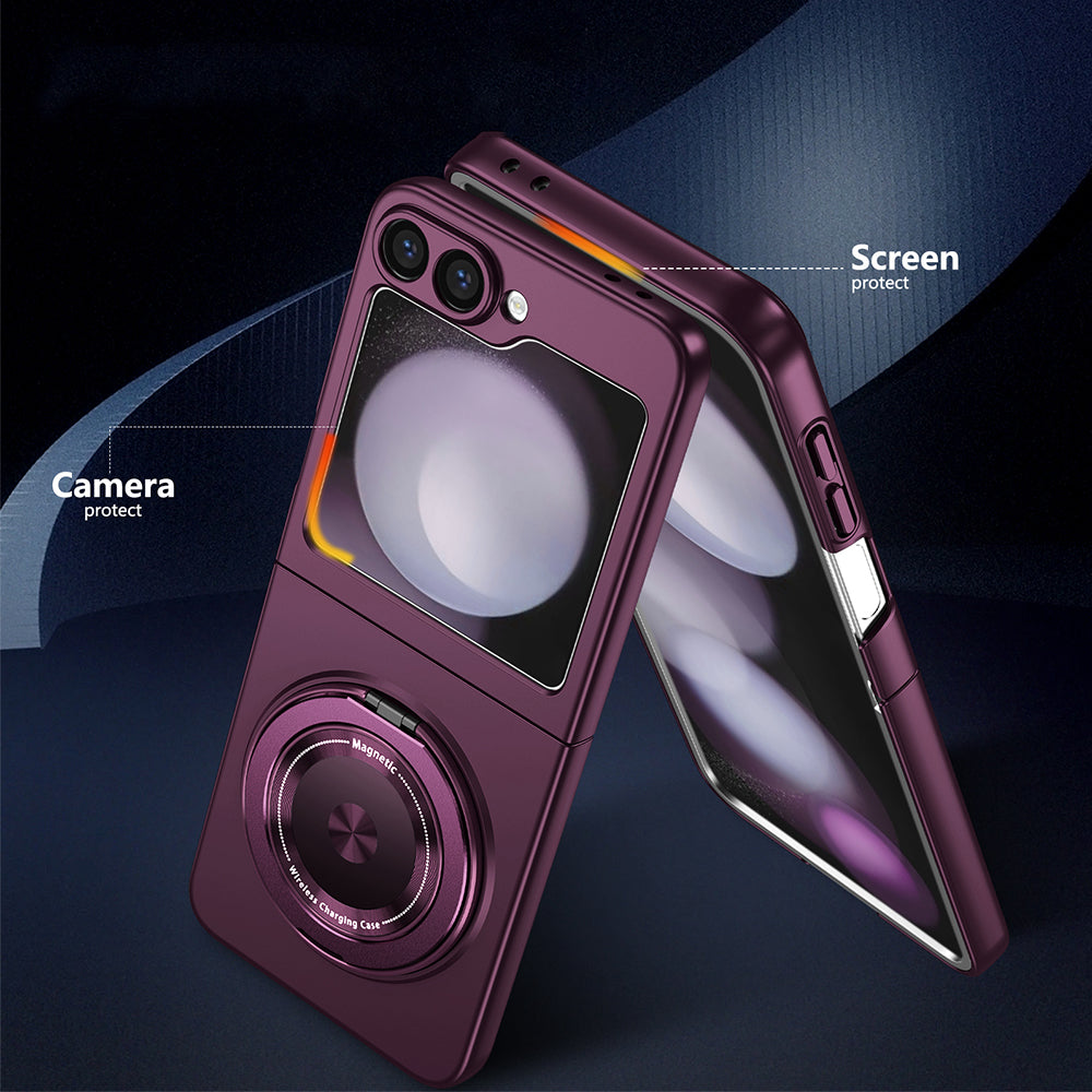 Shockproof Folding Case for Samsung Galaxy Z Flip7 with 360-Degree Ring Stand Burgundy
