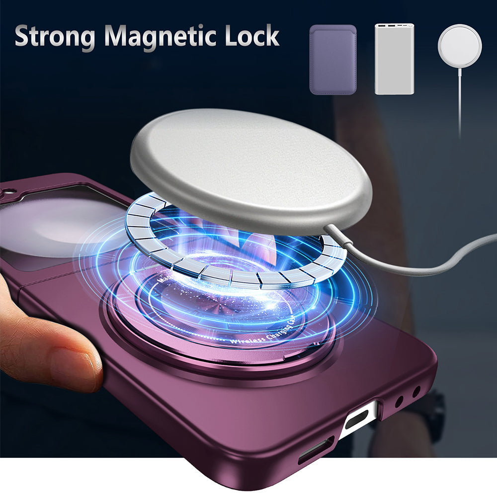 Shockproof Folding Case for Samsung Galaxy Z Flip7 with 360-Degree Ring Stand Burgundy