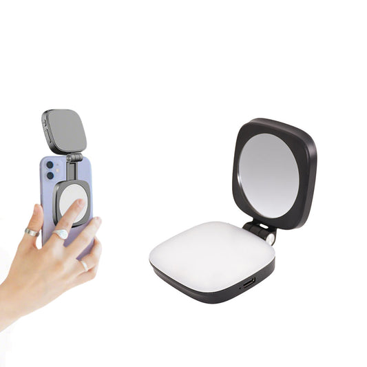 Magnetic Folding LED Fill Light with Makeup Mirror for Phone Selfies & Makeup Black