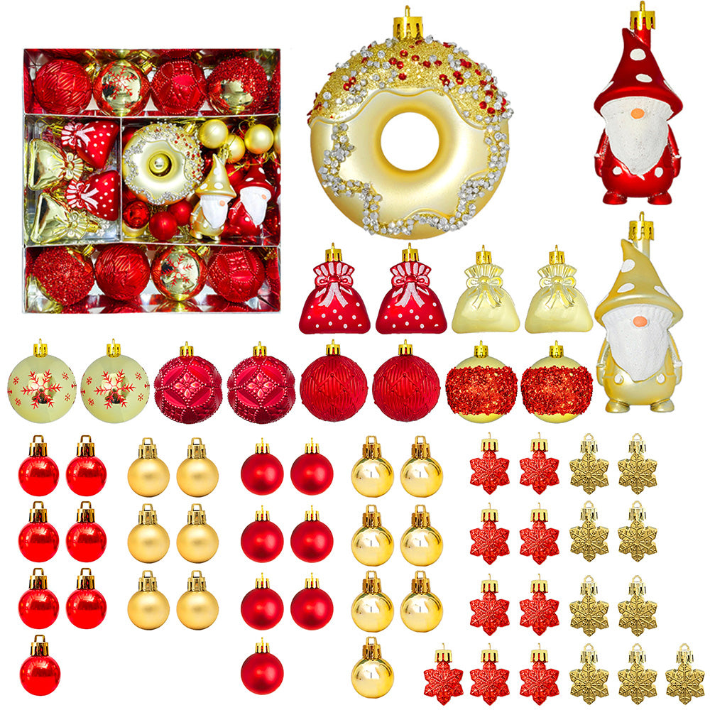 60Pcs Assorted Christmas Tree Ornaments Set Baubles Gnomes Snowflakes Red