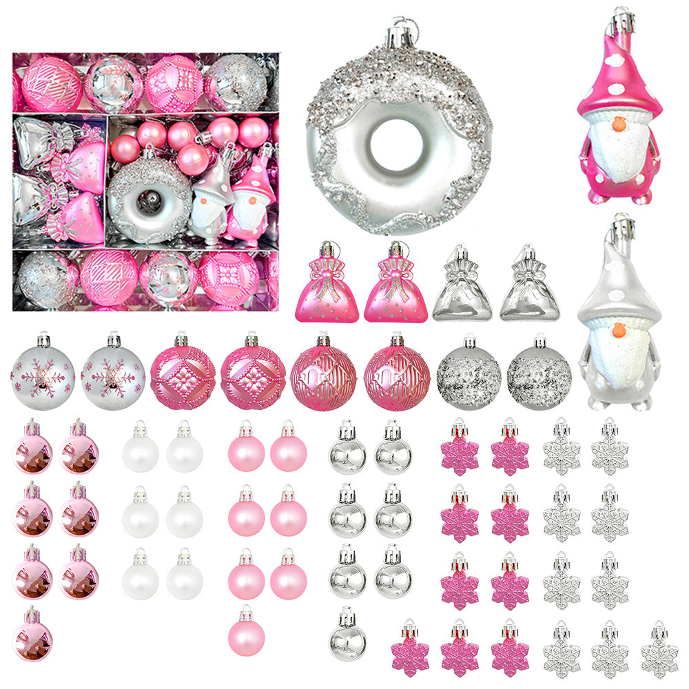 60Pcs Assorted Christmas Tree Ornaments Set Baubles Gnomes Snowflakes Pink