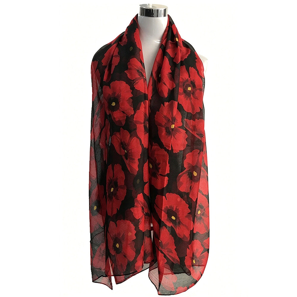 Women's Floral Print Scarf Lightweight Sheer Long Scarf for All Seasons Black