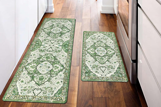 2Pcs Boho Anti-Fatigue Kitchen Mats Non-Slip Cushioned for Kitchen Sink Laundry -Green