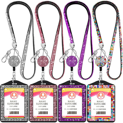 4Pcs Vertical PU Leather ID Badge Holder with Rhinestone Lanyard Metal Clip and Key Ring