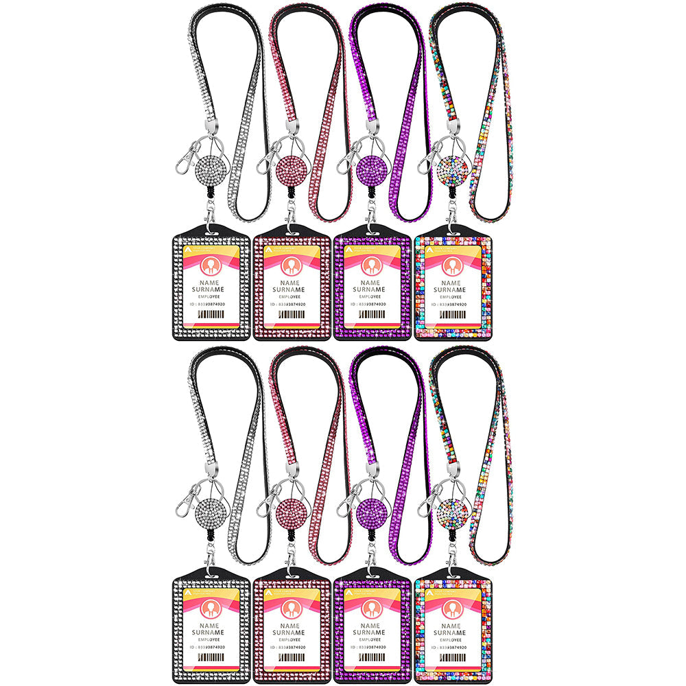 FancyGrab 4Pcs Vertical PU Leather ID Badge Holder with Rhinestone Lanyard Metal Clip and Key Ring