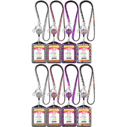 FancyGrab 4Pcs Vertical PU Leather ID Badge Holder with Rhinestone Lanyard Metal Clip and Key Ring