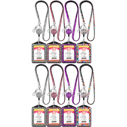 4Pcs Vertical PU Leather ID Badge Holder with Rhinestone Lanyard Metal Clip and Key Ring