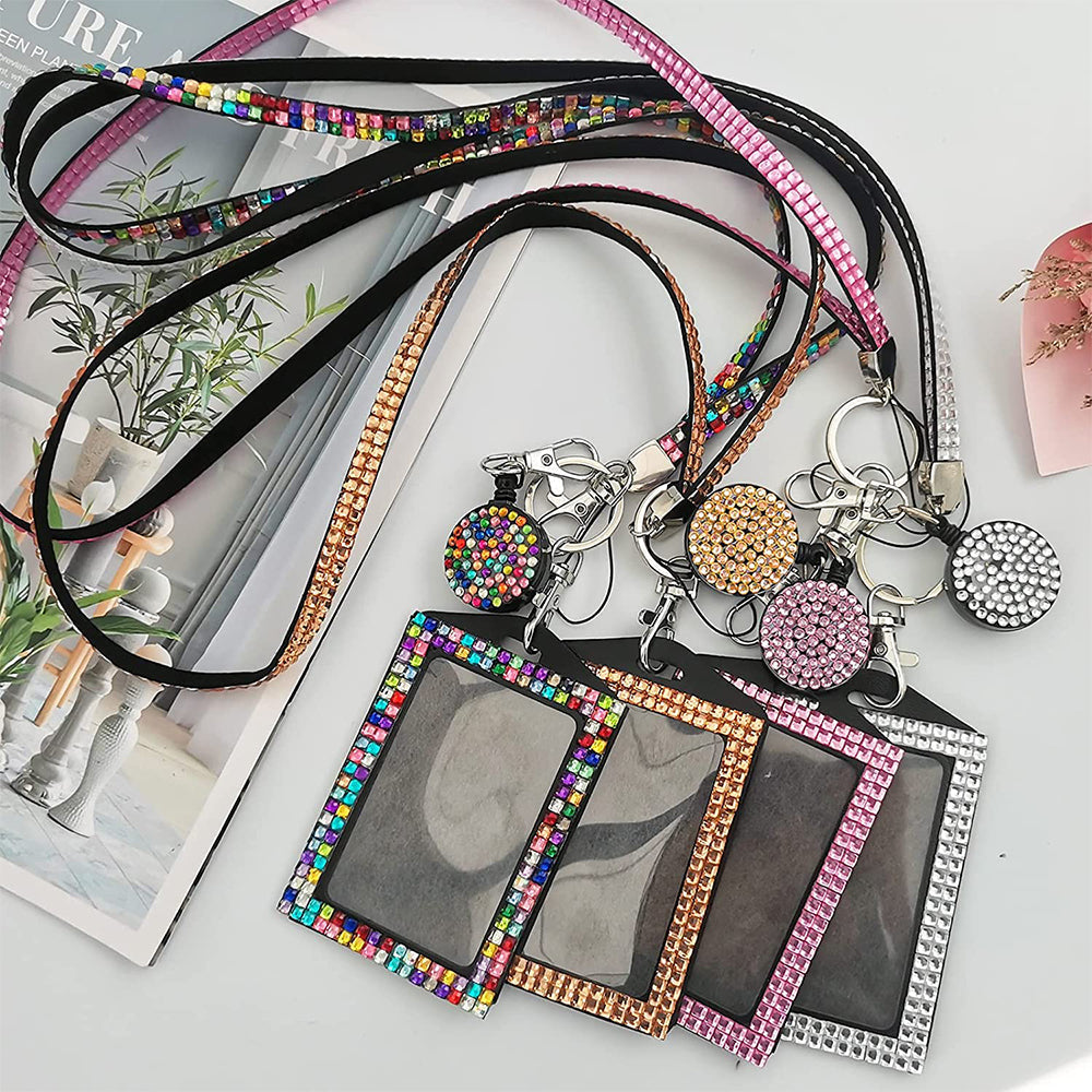 4Pcs Vertical PU Leather ID Badge Holder with Rhinestone Lanyard Metal Clip and Key Ring