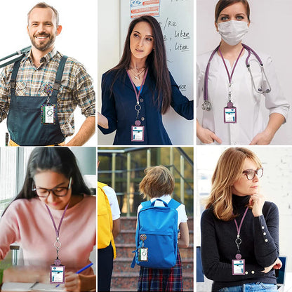 FancyGrab 4Pcs Vertical PU Leather ID Badge Holder with Rhinestone Lanyard Metal Clip and Key Ring