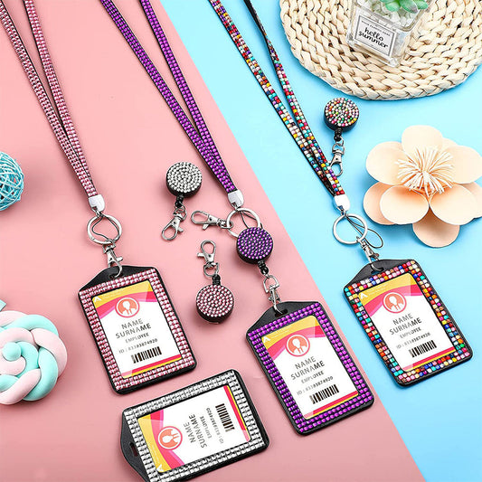 4Pcs Vertical PU Leather ID Badge Holder with Rhinestone Lanyard Metal Clip and Key Ring