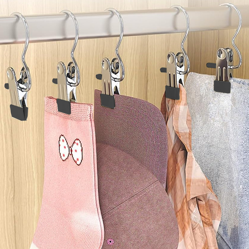 5 Pcs Stainless Steel Metal Hanging Hook Clips Space-Saving Clothespin Travel Hanging Hook Clips Black