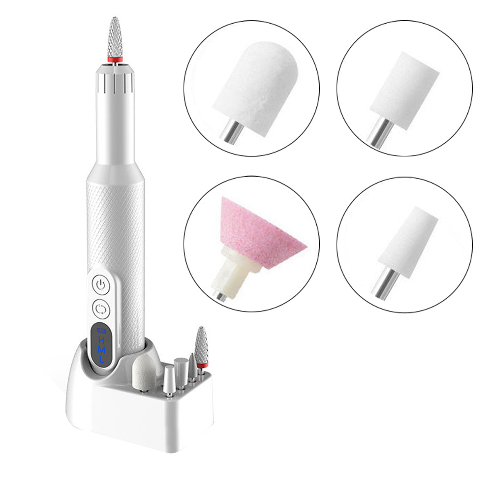 Rechargeable Electric Nail Drill with Portable Nail File Kit Manicure Pedicure Polishing Shape Tools White