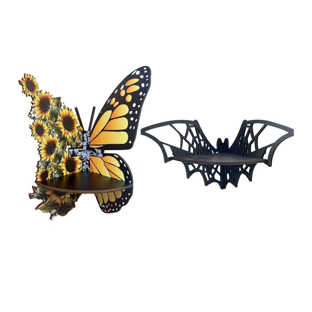 2Pcs Wall Corner Shelf Wooden Floating Display Shelf - Butterfly and Bat Style