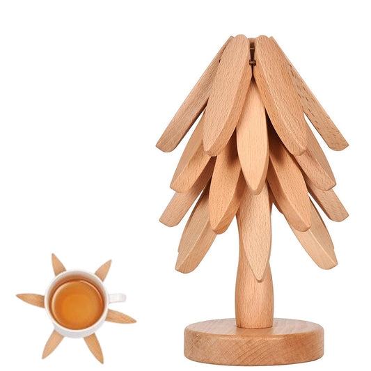 4Pcs Christmas Tree Coasters Wooden Tree Shape Trivets for Hot Dishes with Stand Light Brown