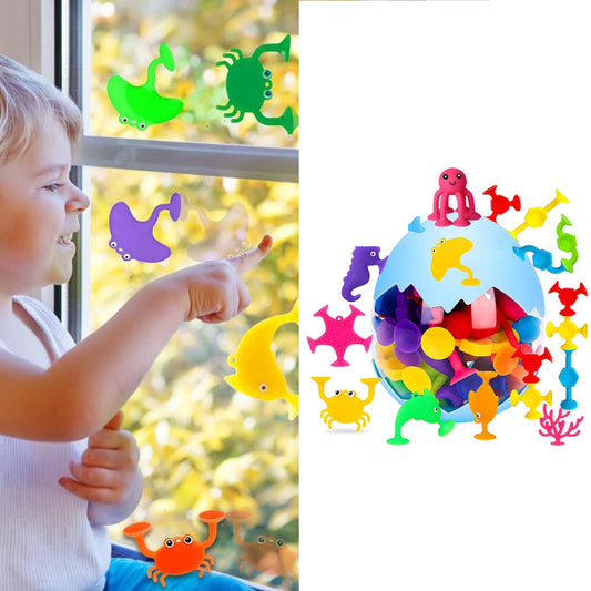 27Pcs Set Suction Bath Toys Sensory Shower Toys with Egg Shell Storage Box