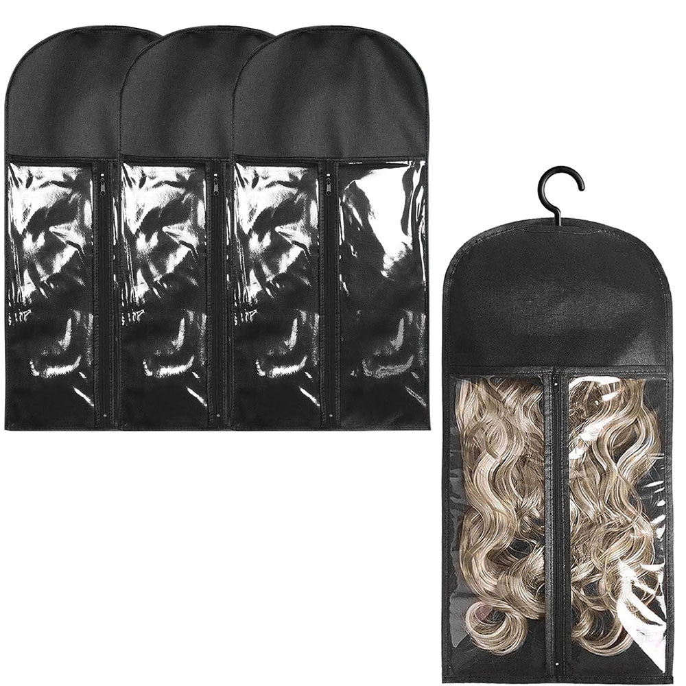 3Pcs Hair Extension Storage Bags with Hangers Dustproof Non-Woven Fake Hair Organizer Black