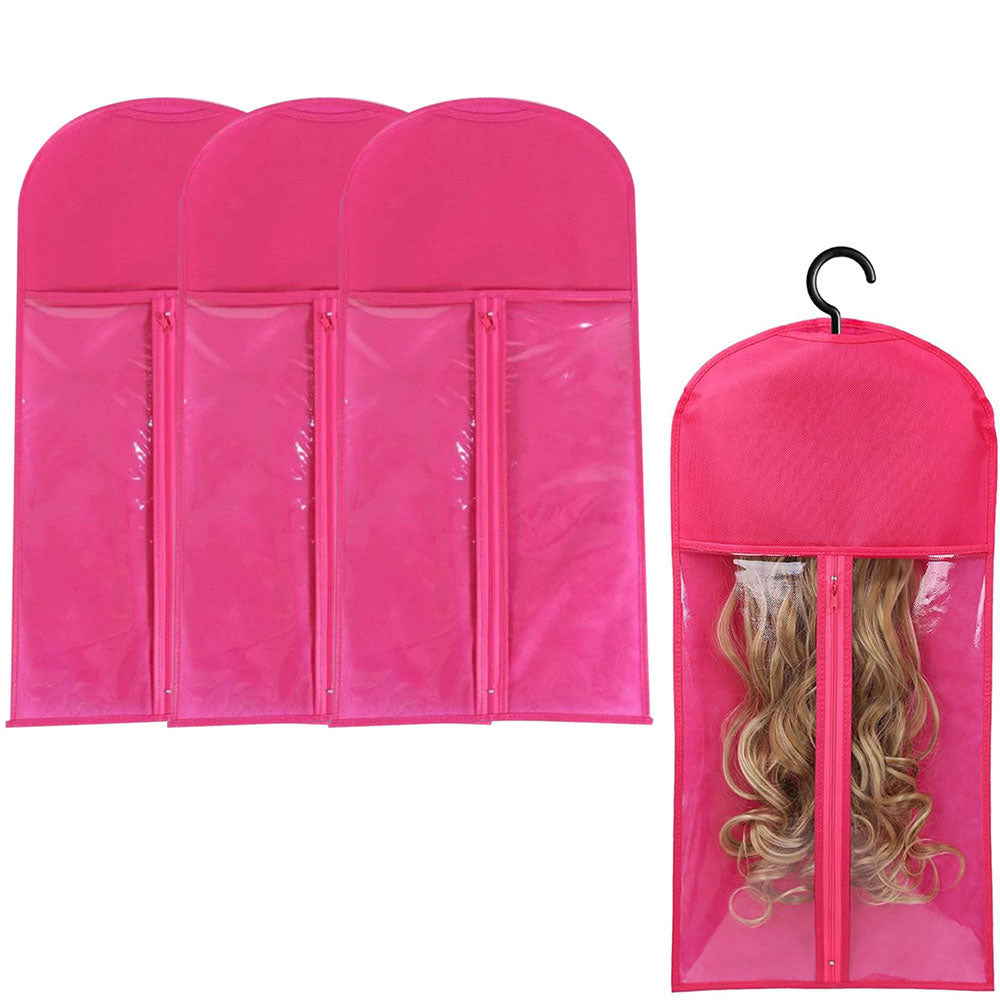 3Pcs Hair Extension Storage Bags with Hangers Dustproof Non-Woven Fake Hair Organizer Rose Red