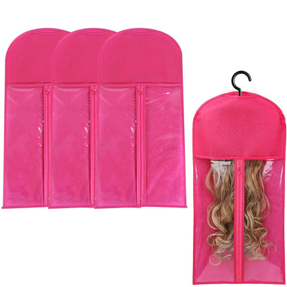 3Pcs Hair Extension Storage Bags with Hangers Dustproof Non-Woven Fake Hair Organizer Rose Red