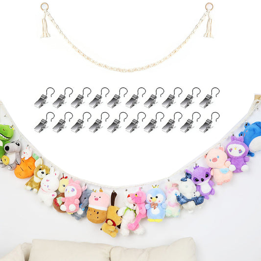 Hanging Storage Chain with 20 Metal Clips for Stuffed Toy Boho Plush Animal Hammock Corner for Room Decor