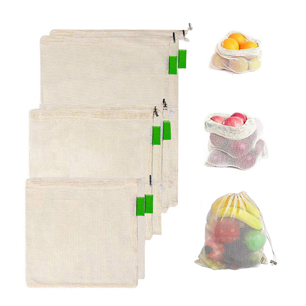 Premium Reusable Cotton Mesh Produce Bags Eco-Friendly Organic Natural Vegetable Fruit Storage Pouch Grocery Shopping Bag 3 Sizes