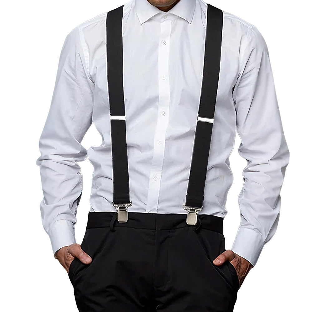 Mens X Back Elastic Suspenders with 4 Metal Clips - Black