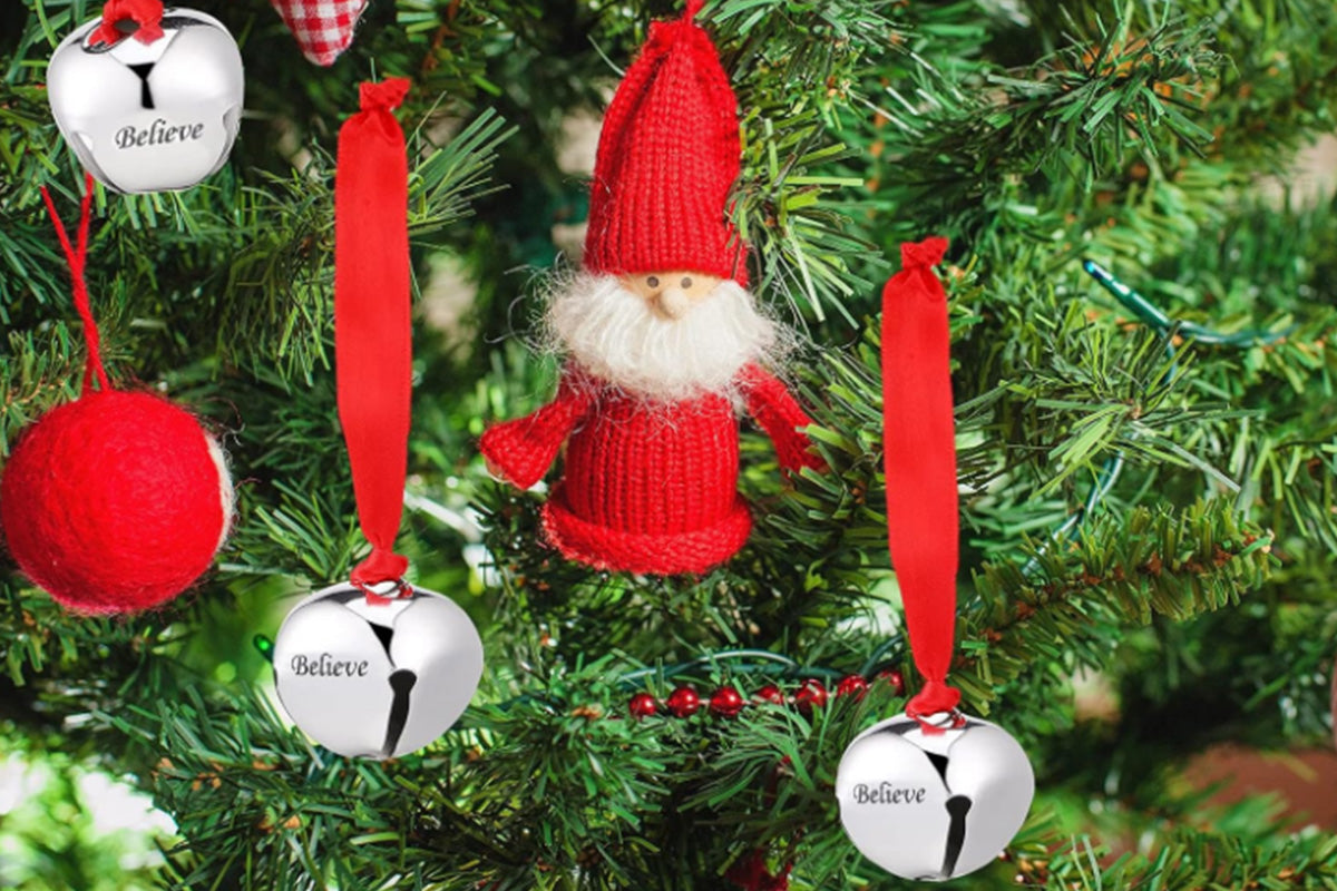 20Pcs Christmas Believe Bell Ornaments Silver Santa Sleigh Bell