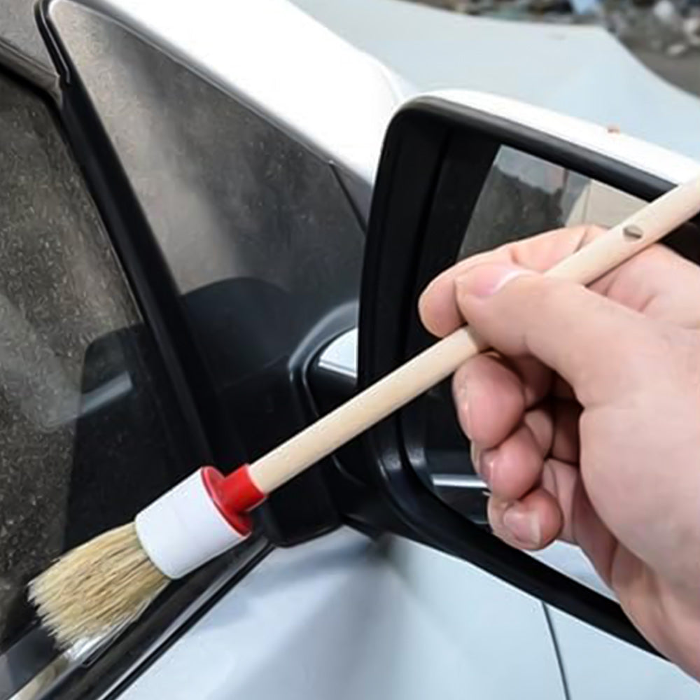 Car Detailing Brush Set 6Pcs Boar Hair Brush Kit Wood Handle Wheels Leather Air Vents