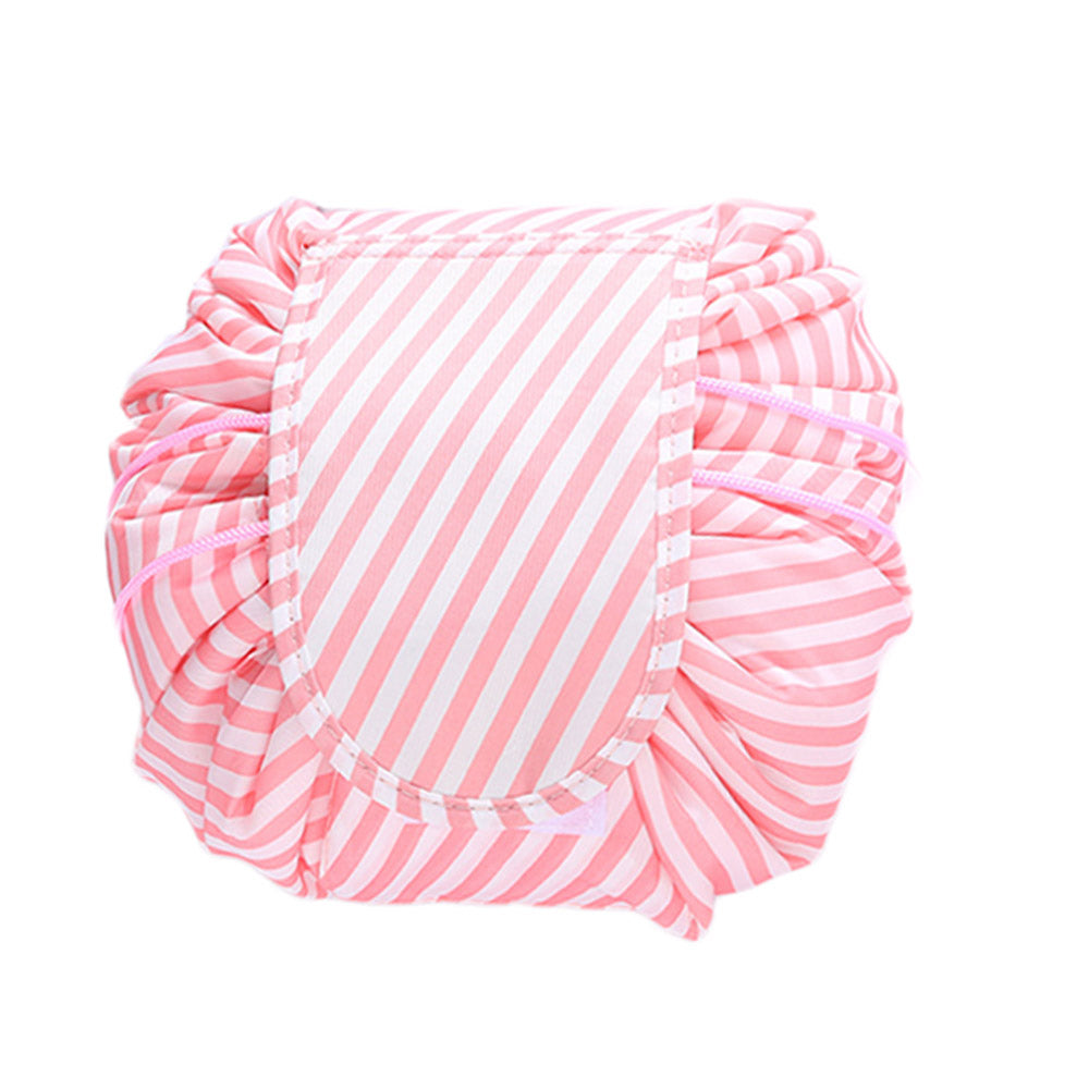 Printed Cosmetic Storage Bag Drawstring Make-Up Travel Bag Makeup Tools Organizer Folding Cosmetic Bag -Pink Stripe