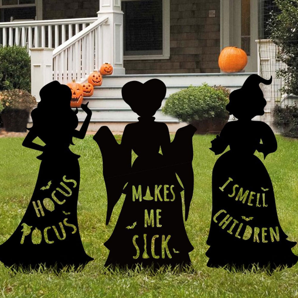 3Pcs Set Halloween Decorations Black Hocus Pocus Witches Signs with Stakes Outside Yard Lawn Decor